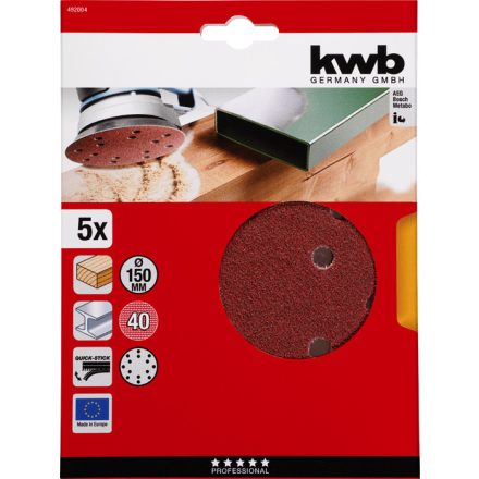 KWB-Profi-Quick-Stick-Tepozaras-Alu.Oxid-Csiszolopapir-Femre-Fara-5-Db-150-Mm-G40-492004