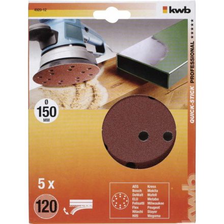 KWB-Profi-Quick-Stick-Tepozaras-Alu.Oxid-Csiszolopapir-Femre-Fara-5-Db-150-Mm-G120-492012